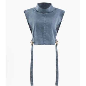 Micas Womens Blue Denim Funnel Neck Open Side Buckle Crop Top Vest Size M
